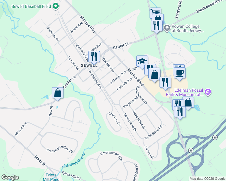 map of restaurants, bars, coffee shops, grocery stores, and more near 176 Morris Avenue in Mantua Township