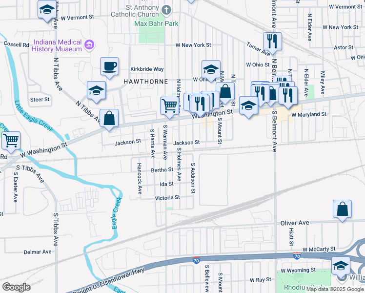 map of restaurants, bars, coffee shops, grocery stores, and more near 2625 Jackson St in Indianapolis