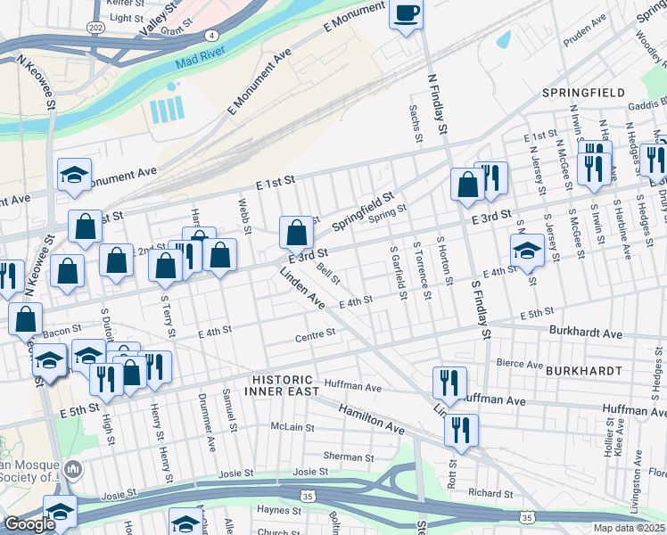 map of restaurants, bars, coffee shops, grocery stores, and more near 14 Sander Court in Dayton
