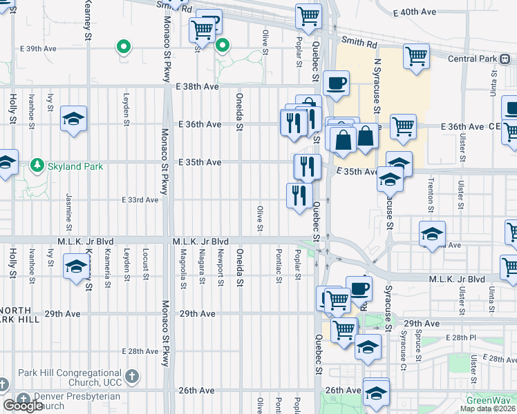 map of restaurants, bars, coffee shops, grocery stores, and more near 3279 Olive Street in Denver
