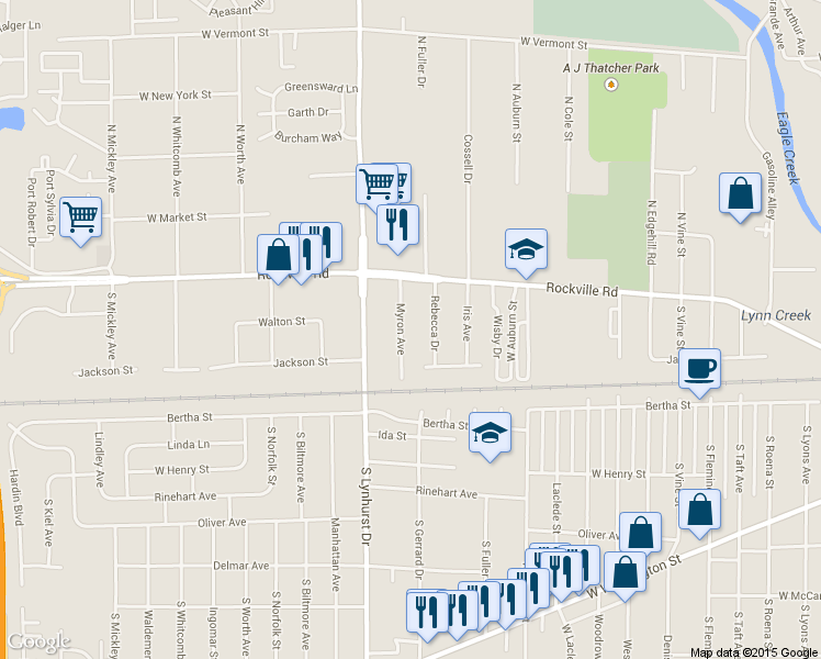 map of restaurants, bars, coffee shops, grocery stores, and more near 45 Myron Avenue in Indianapolis