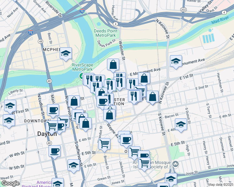 map of restaurants, bars, coffee shops, grocery stores, and more near in Dayton