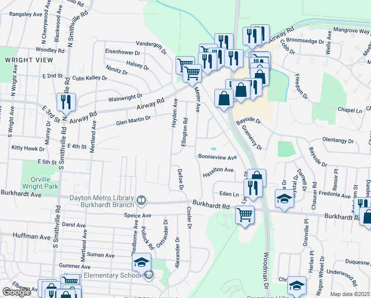 map of restaurants, bars, coffee shops, grocery stores, and more near 180 Ellington Road in Dayton