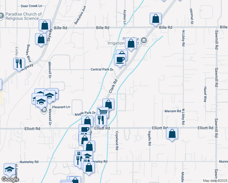 map of restaurants, bars, coffee shops, grocery stores, and more near 6150 Clark Road in Paradise