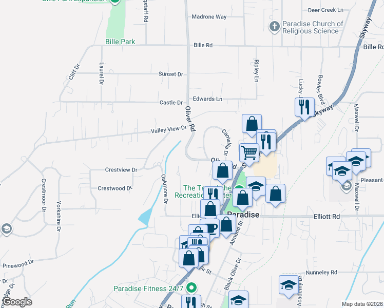 map of restaurants, bars, coffee shops, grocery stores, and more near 658 Dogwood Lane in Paradise