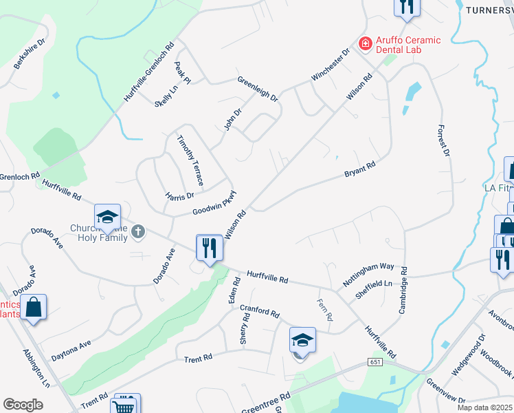 map of restaurants, bars, coffee shops, grocery stores, and more near 102 Bryant Road in Washington Township