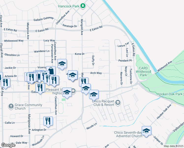 map of restaurants, bars, coffee shops, grocery stores, and more near 1572 Arch Way in Chico