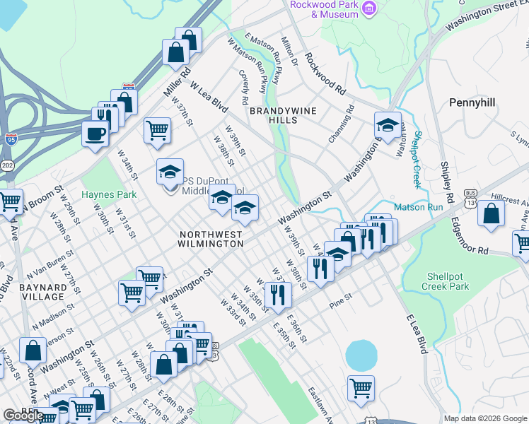 map of restaurants, bars, coffee shops, grocery stores, and more near 400 West 38th Street in Wilmington