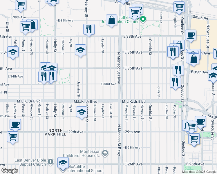 map of restaurants, bars, coffee shops, grocery stores, and more near 3285 North Locust Street in Denver