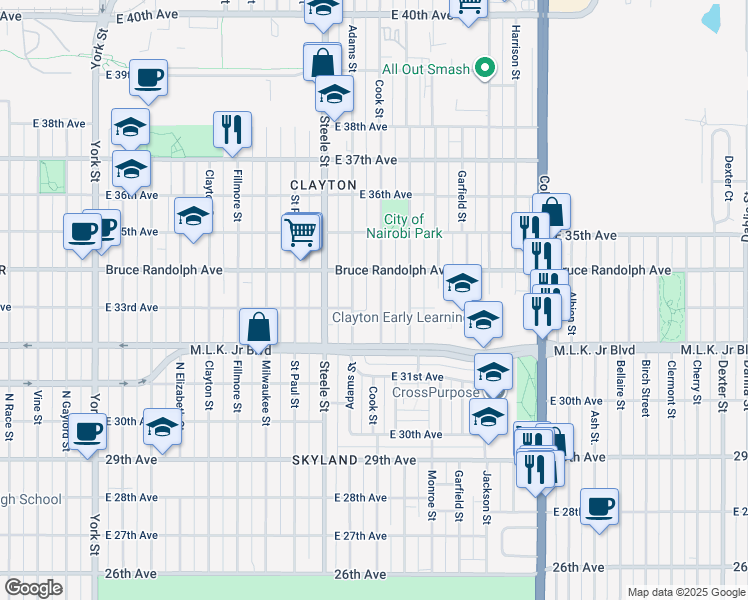 map of restaurants, bars, coffee shops, grocery stores, and more near 3300 Cook Street in Denver