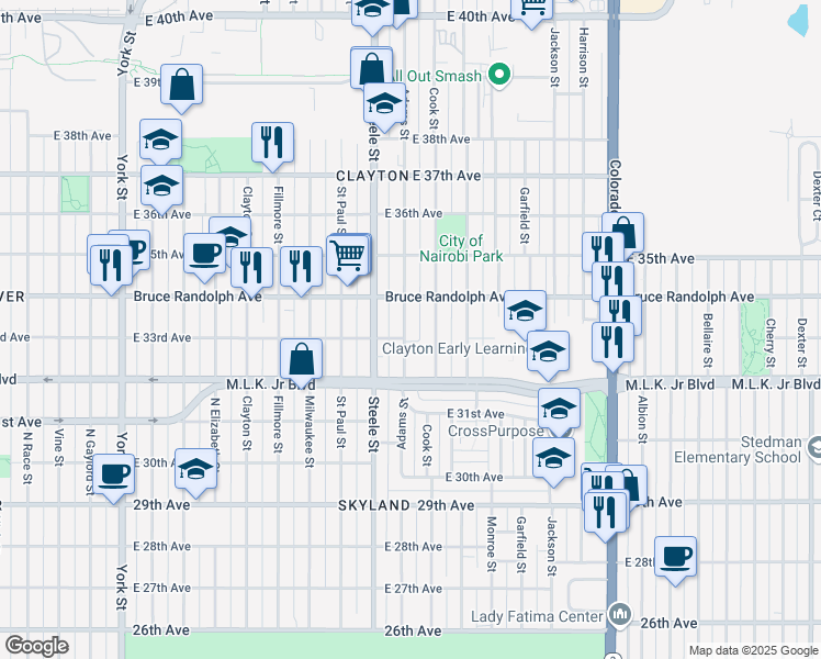 map of restaurants, bars, coffee shops, grocery stores, and more near 3233 East 33rd Avenue in Denver