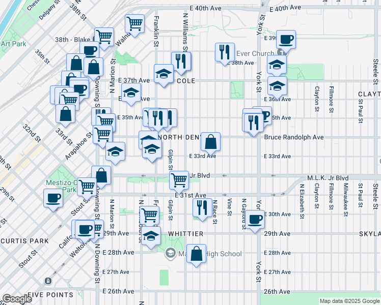 map of restaurants, bars, coffee shops, grocery stores, and more near 1813 E 33rd Ave in Denver