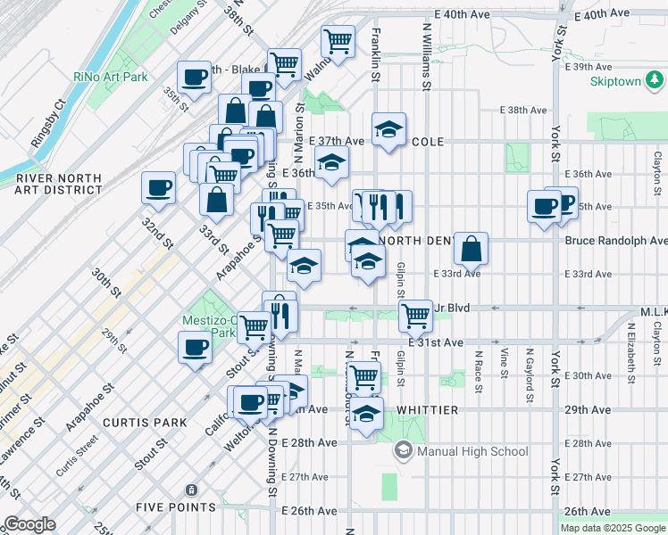 map of restaurants, bars, coffee shops, grocery stores, and more near 3307 Humboldt Street in Denver