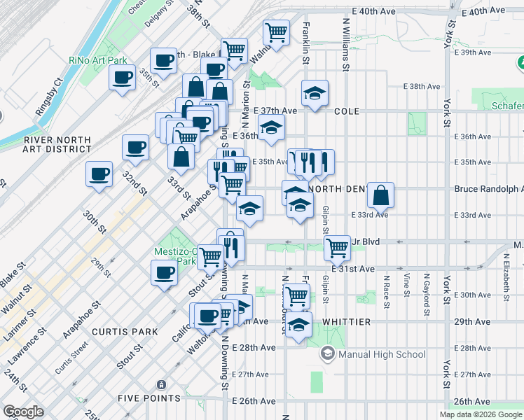 map of restaurants, bars, coffee shops, grocery stores, and more near 1321 East 33rd Avenue in Denver