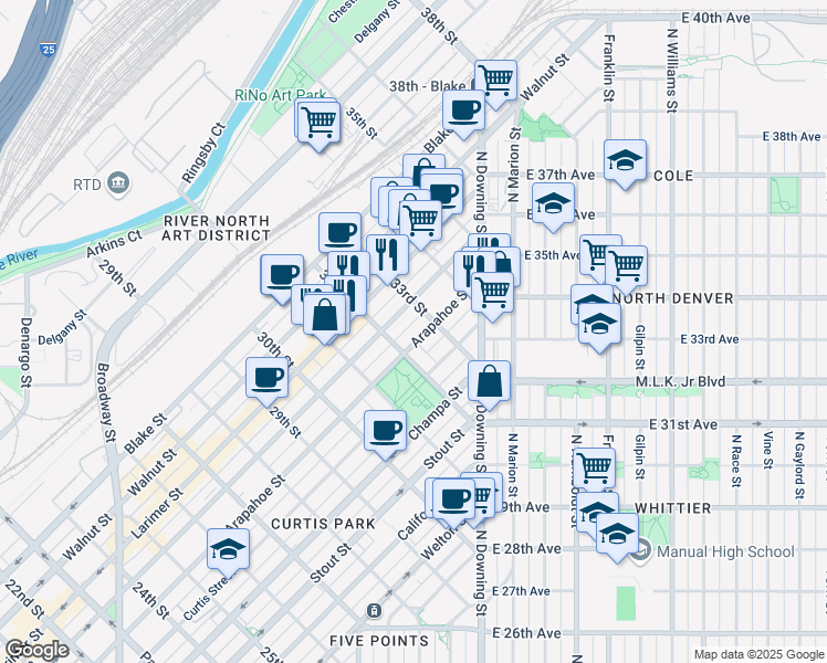map of restaurants, bars, coffee shops, grocery stores, and more near 3201 Arapahoe Street in Denver
