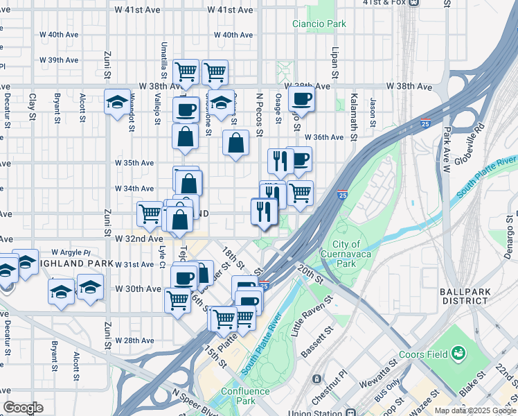 map of restaurants, bars, coffee shops, grocery stores, and more near 3300 North Pecos Street in Denver