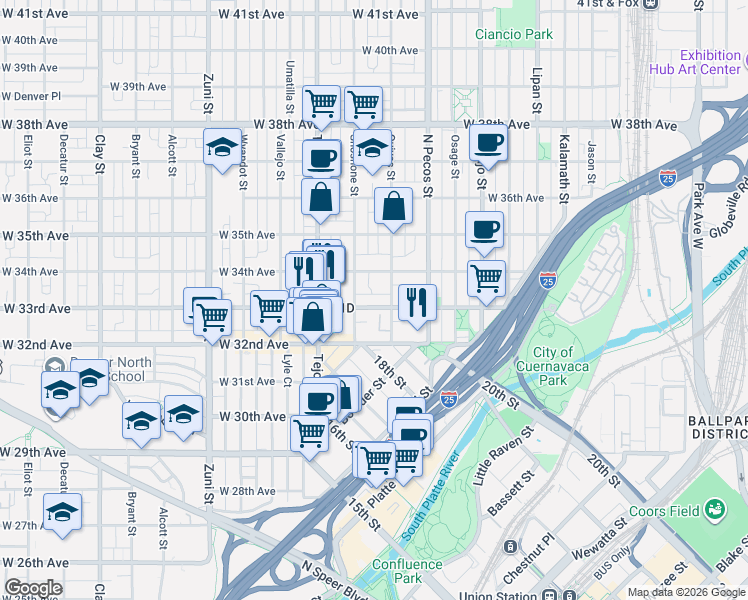 map of restaurants, bars, coffee shops, grocery stores, and more near 1839 West 33rd Avenue in Denver