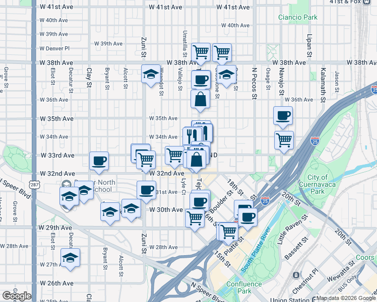 map of restaurants, bars, coffee shops, grocery stores, and more near 2001 West 33rd Avenue in Denver