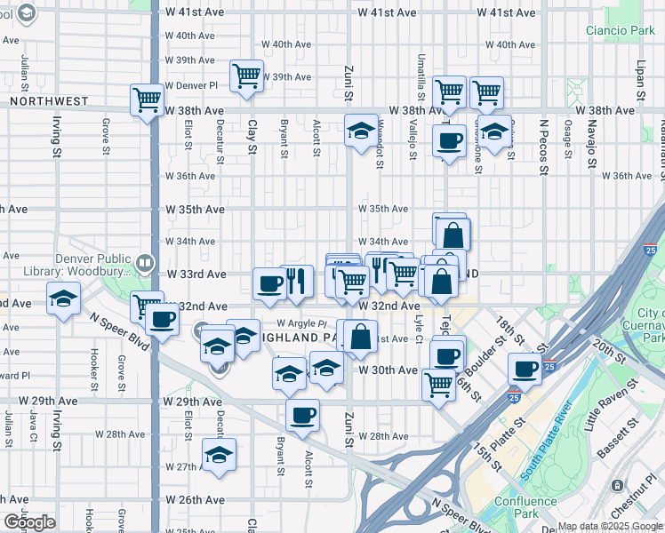 map of restaurants, bars, coffee shops, grocery stores, and more near in Denver