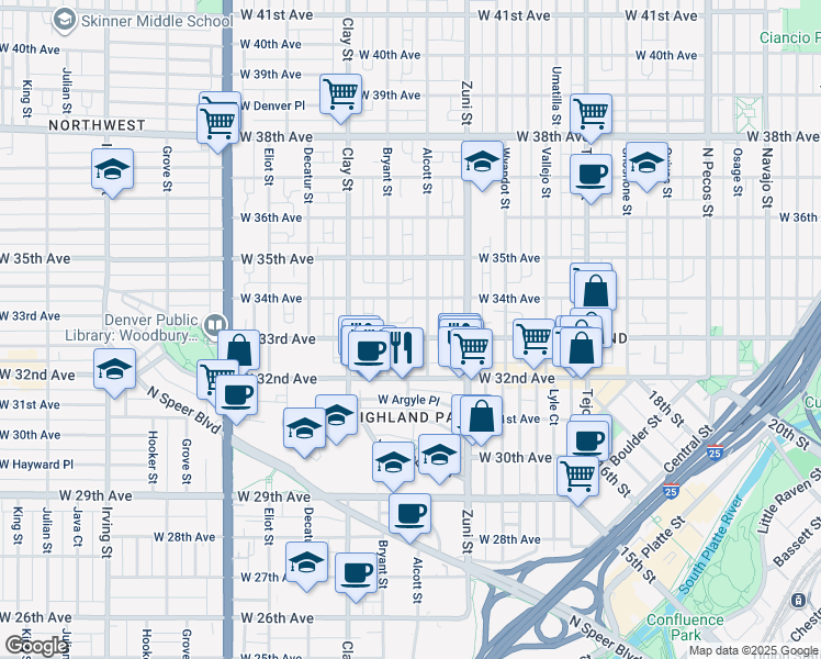 map of restaurants, bars, coffee shops, grocery stores, and more near 2525 West 33rd Avenue in Denver