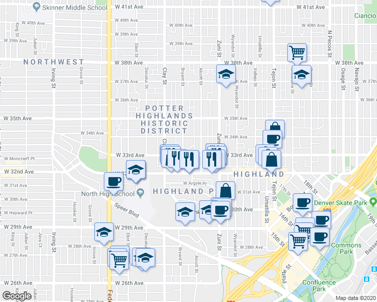 map of restaurants, bars, coffee shops, grocery stores, and more near 2525 West 33rd Avenue in Denver