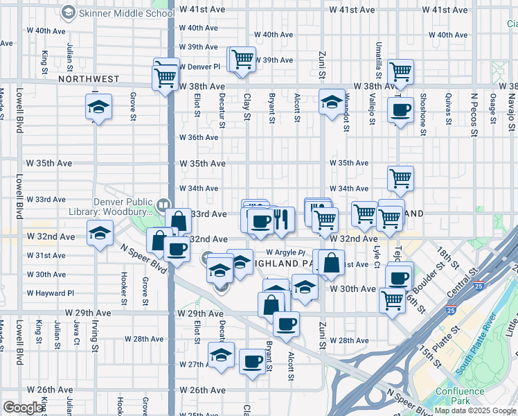 map of restaurants, bars, coffee shops, grocery stores, and more near 2625 West 33rd Avenue in Denver