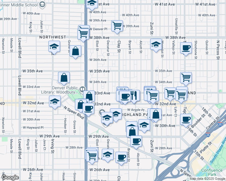 map of restaurants, bars, coffee shops, grocery stores, and more near 3315 Clay Street in Denver