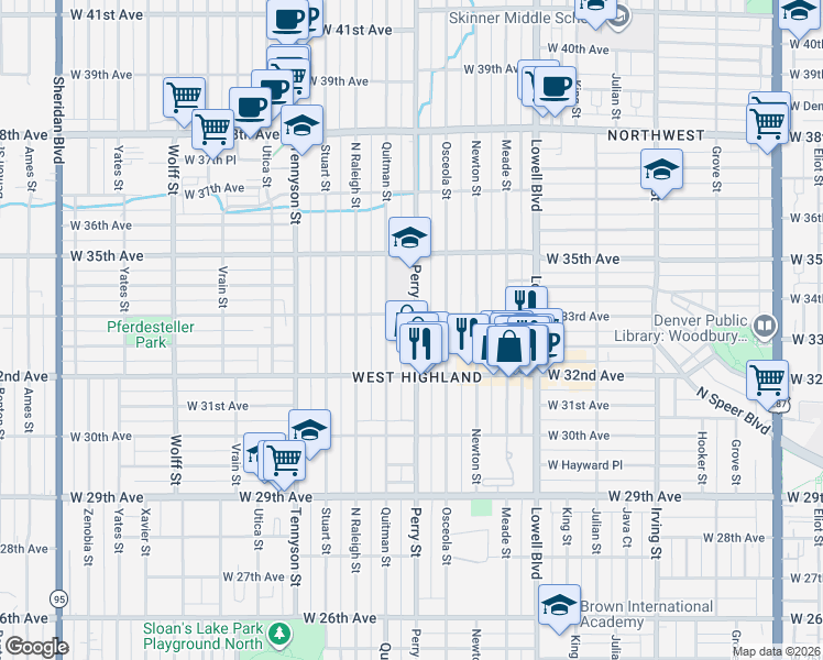 map of restaurants, bars, coffee shops, grocery stores, and more near 3278 Perry Street in Denver