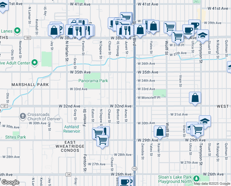map of restaurants, bars, coffee shops, grocery stores, and more near 3286 Benton Street in Wheat Ridge