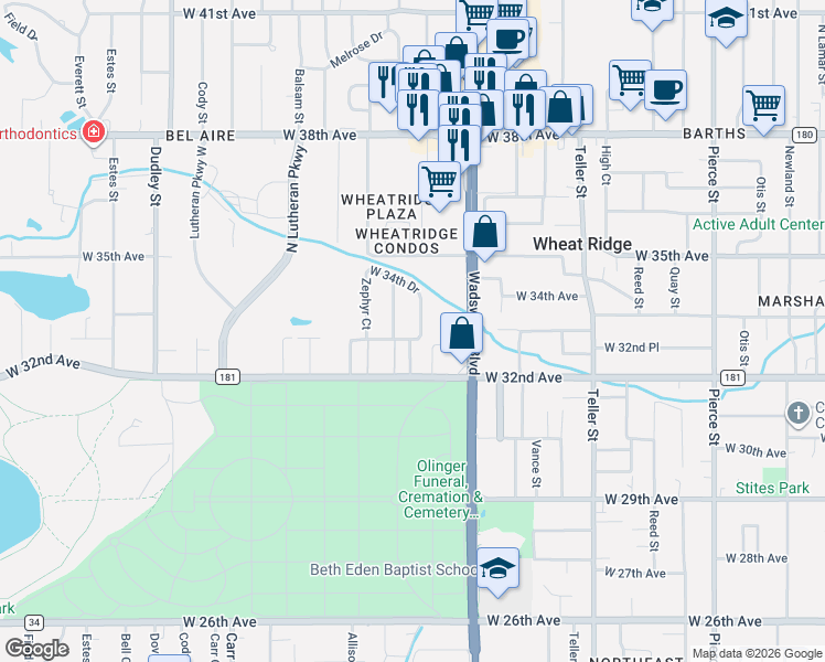 map of restaurants, bars, coffee shops, grocery stores, and more near 7807 West 33rd Avenue in Wheat Ridge