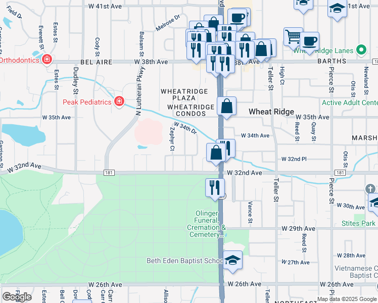 map of restaurants, bars, coffee shops, grocery stores, and more near 7807 West 33rd Avenue in Wheat Ridge