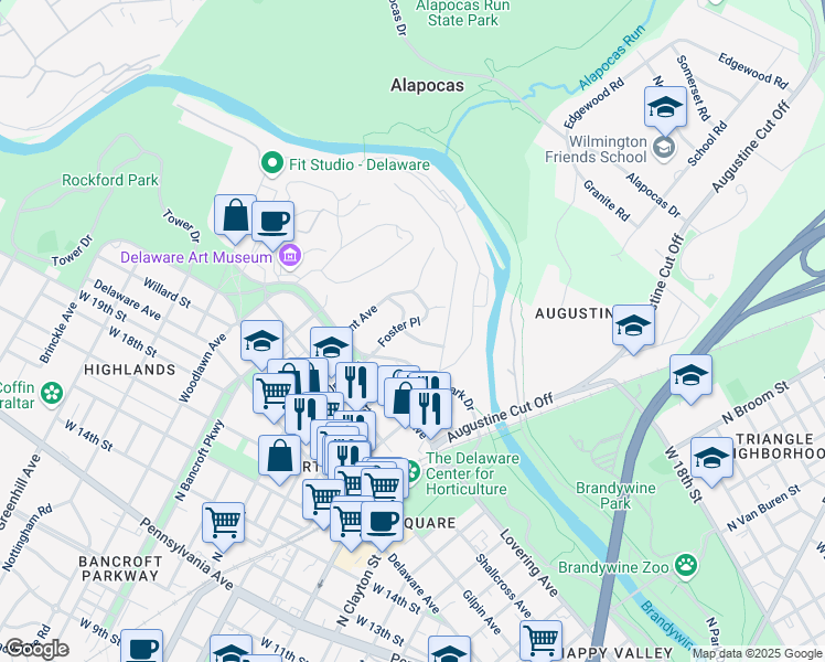 map of restaurants, bars, coffee shops, grocery stores, and more near 1908 Field Road in Wilmington