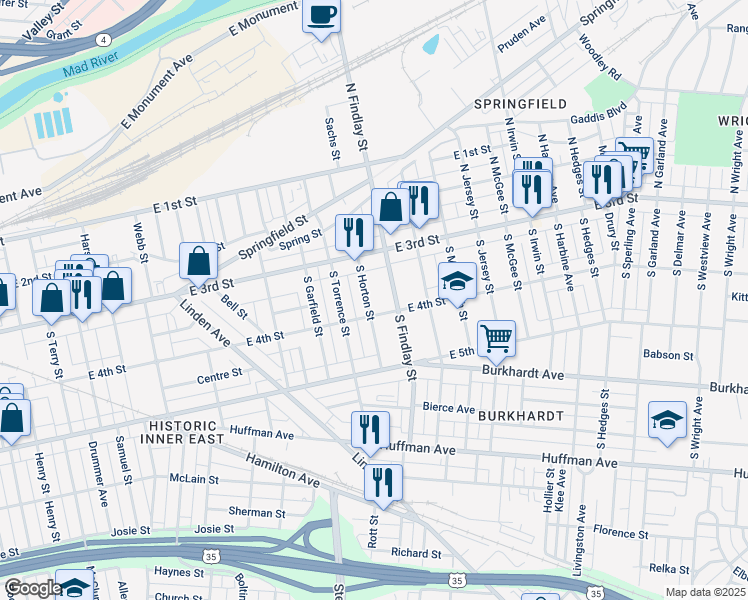 map of restaurants, bars, coffee shops, grocery stores, and more near 54 South Horton Street in Dayton