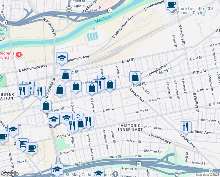 map of restaurants, bars, coffee shops, grocery stores, and more near 1705 East 3rd Street in Dayton