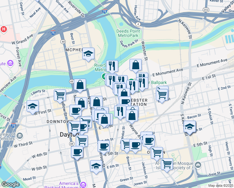 map of restaurants, bars, coffee shops, grocery stores, and more near 207 North Patterson Boulevard in Dayton