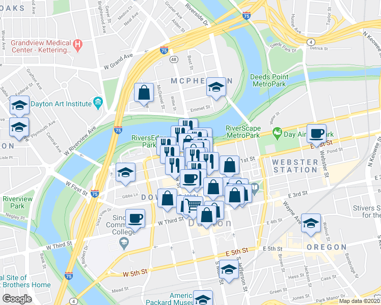 map of restaurants, bars, coffee shops, grocery stores, and more near 12 West Monument Avenue in Dayton