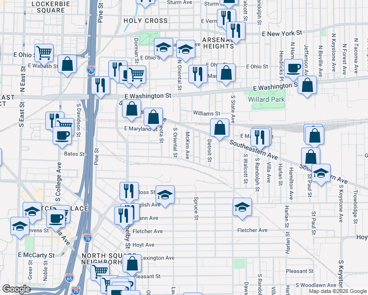 map of restaurants, bars, coffee shops, grocery stores, and more near 217 McKim Avenue in Indianapolis