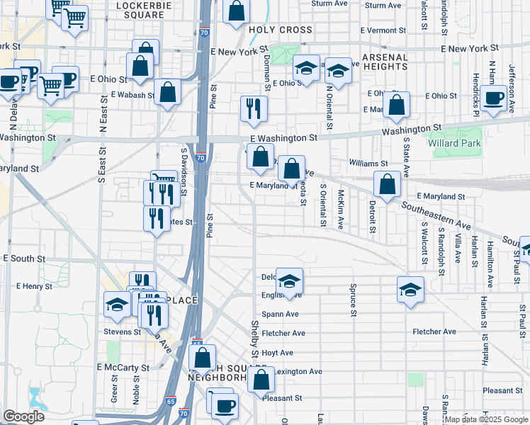 map of restaurants, bars, coffee shops, grocery stores, and more near 201 Shelby Street in Indianapolis