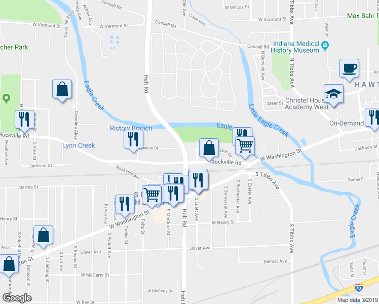 map of restaurants, bars, coffee shops, grocery stores, and more near 3707 Creston Drive in Indianapolis