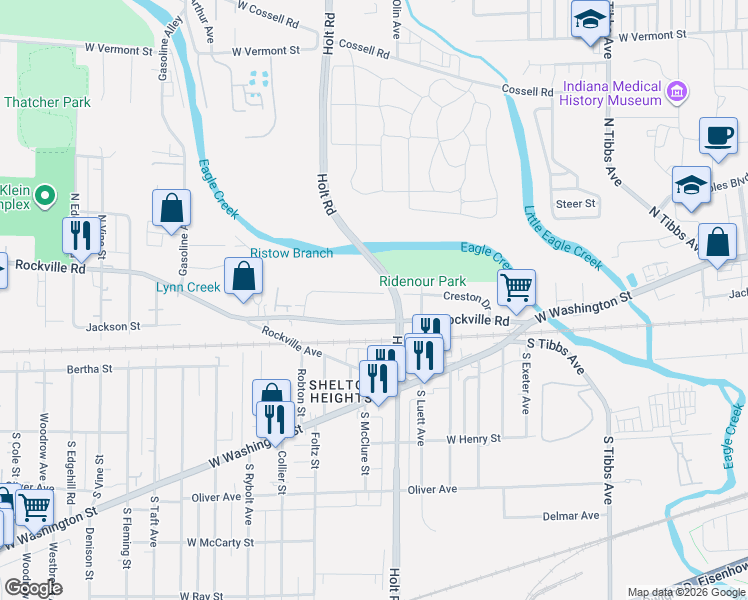 map of restaurants, bars, coffee shops, grocery stores, and more near 3747 Creston Drive in Indianapolis