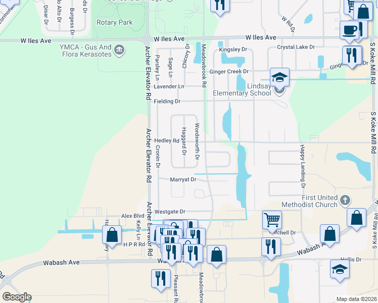 map of restaurants, bars, coffee shops, grocery stores, and more near 2701-2821 Haggard Drive in Springfield