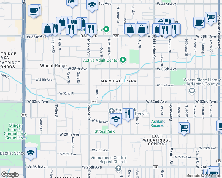 map of restaurants, bars, coffee shops, grocery stores, and more near 3280 Newland Street in Wheat Ridge