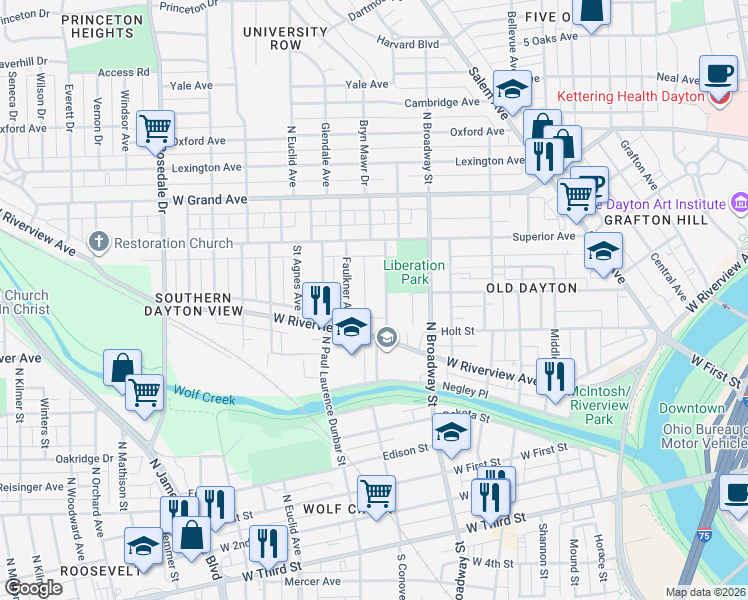 map of restaurants, bars, coffee shops, grocery stores, and more near 743 Ferguson Ave in Dayton