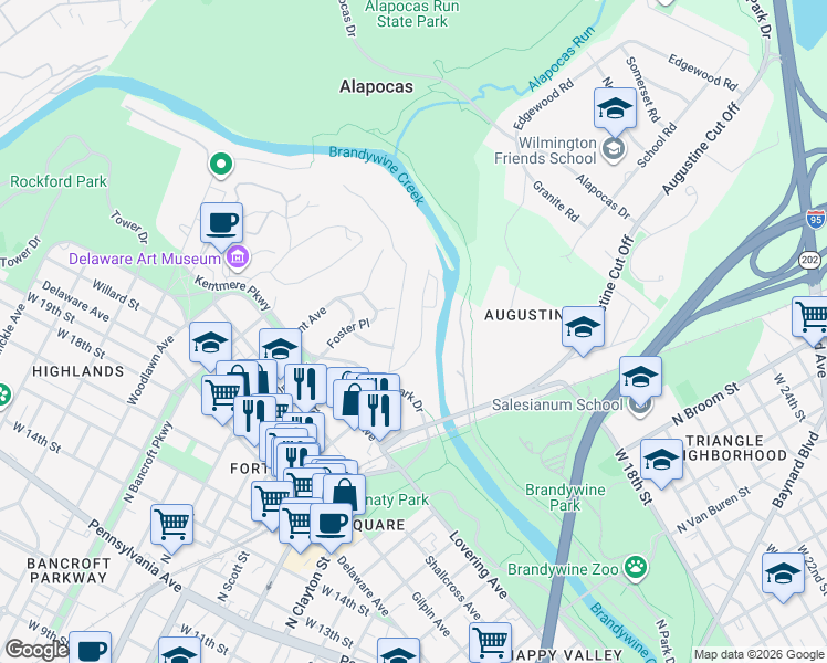 map of restaurants, bars, coffee shops, grocery stores, and more near 2302 Riddle Avenue in Wilmington