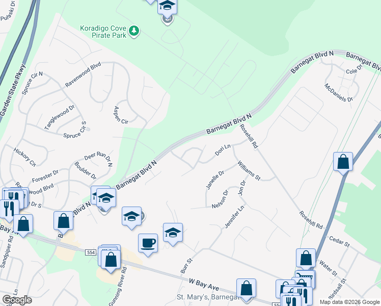 map of restaurants, bars, coffee shops, grocery stores, and more near 8 Ryan Boulevard in Barnegat Township