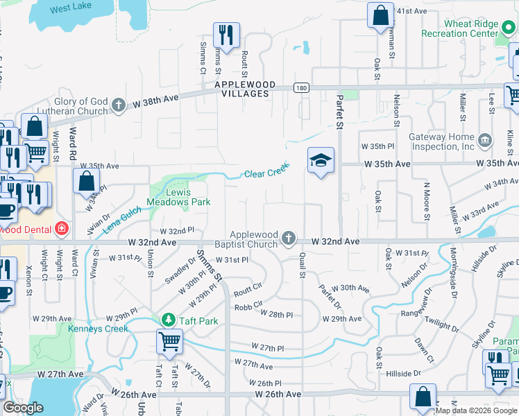 map of restaurants, bars, coffee shops, grocery stores, and more near 3295 Robb Street in Wheat Ridge