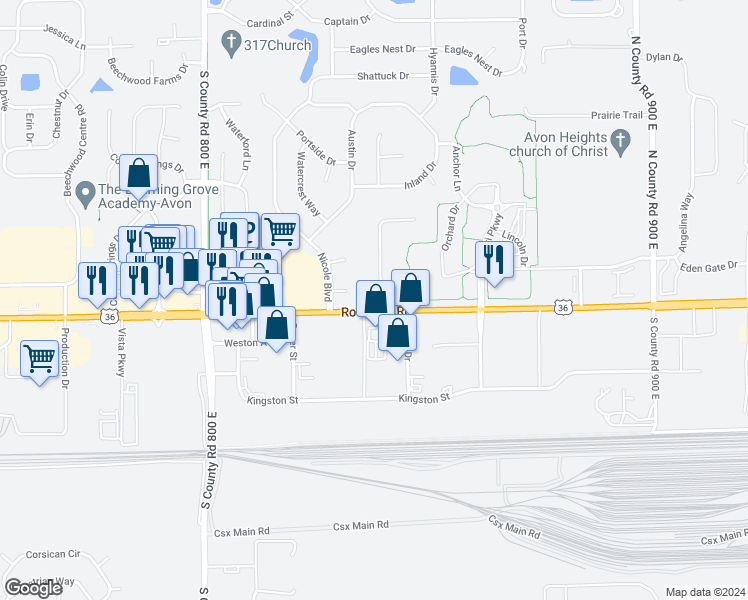 map of restaurants, bars, coffee shops, grocery stores, and more near 8390 East US Highway 36 in Avon