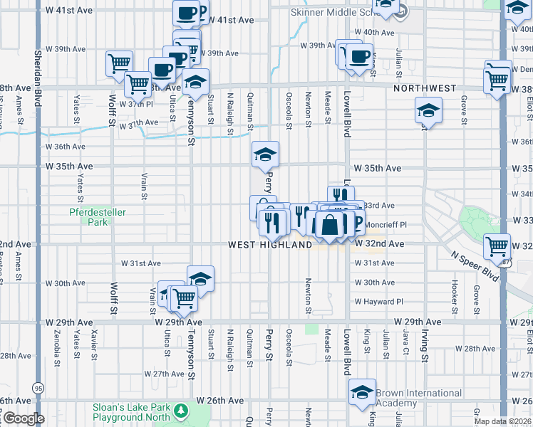 map of restaurants, bars, coffee shops, grocery stores, and more near 3278 Perry Street in Denver