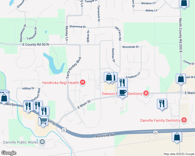 map of restaurants, bars, coffee shops, grocery stores, and more near 254 Meadow Drive in Danville