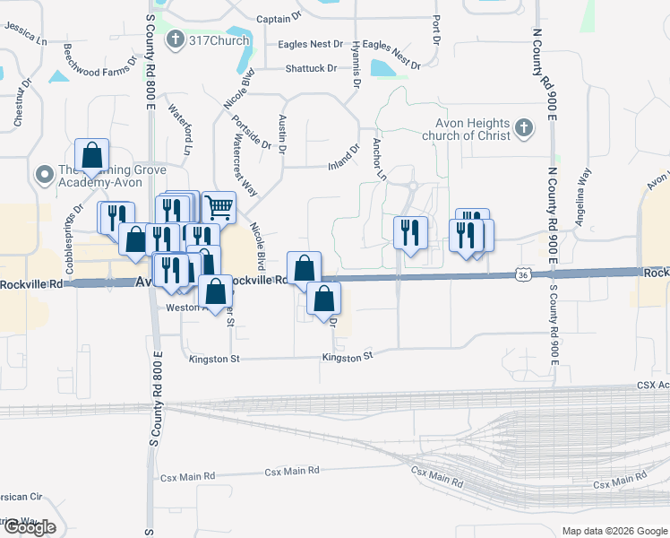 map of restaurants, bars, coffee shops, grocery stores, and more near 8482 East US Highway 36 in Avon